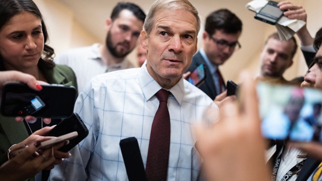 UNITED STATES - SEPTEMBER 14: Rep. Jim Jordan, R-Ohio, chairman of the House Judiciary Committee, leaves a meeting of the House Republican Conference in the U.S. Capitol on Thursday, September 14, 2023.