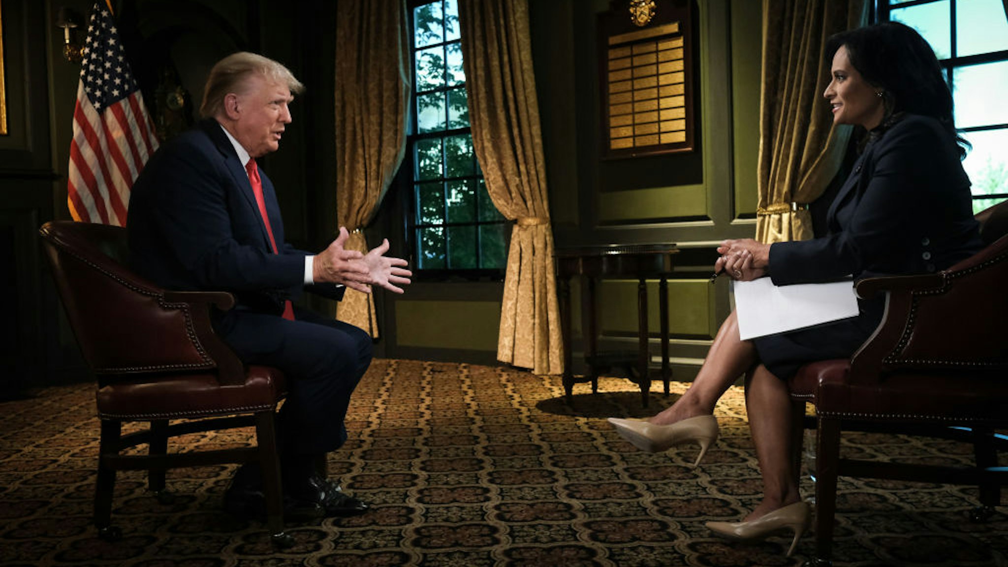 MEET THE PRESS -- Pictured: Former President Donald Trump and moderator Kristen Welker appear in a pre taped interview on "Meet the Press" at the Trump National Golf Club Bedminster, in Bedminster, NJ, Sep. 14, 2023. -- (Photo by: William B. Plowman/NBC via Getty Images)