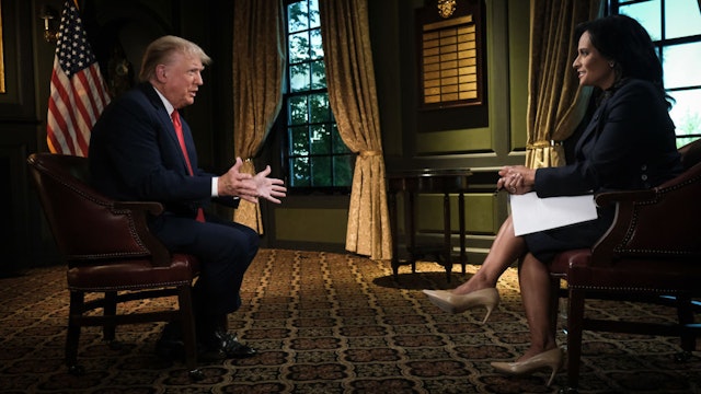 MEET THE PRESS -- Pictured: Former President Donald Trump and moderator Kristen Welker appear in a pre taped interview on "Meet the Press" at the Trump National Golf Club Bedminster, in Bedminster, NJ, Sep. 14, 2023. -- (Photo by: William B. Plowman/NBC via Getty Images)