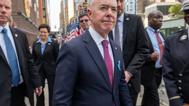 Department of Homeland Security (DHS) Secretary Alejandro Mayorkas visits the 9/11 Memorial at the Ground Zero site in lower Manhattan as the nation commemorates the 22nd anniversary of the attacks on September 11, 2023 in New York City.