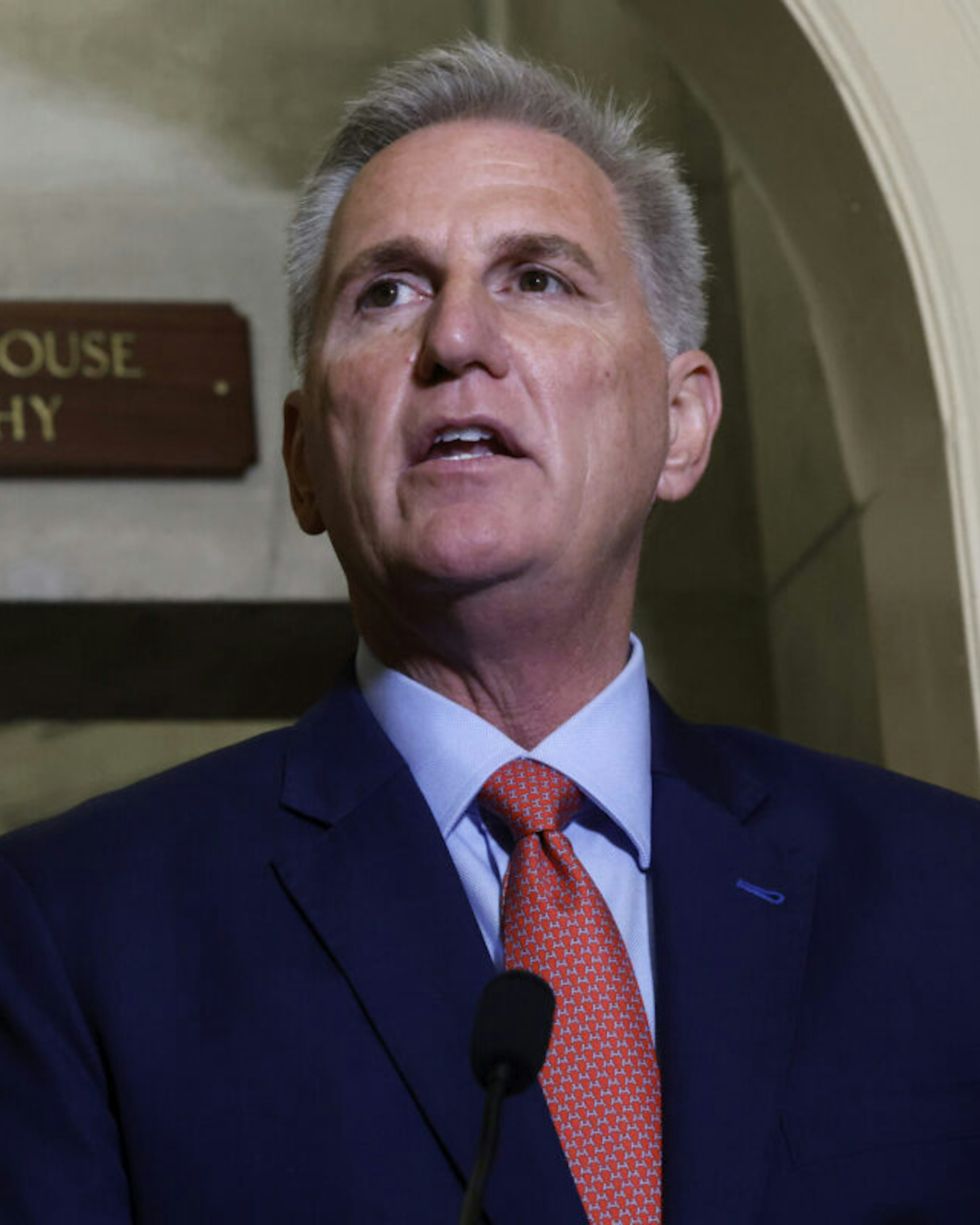 Speaker of the House Kevin McCarthy (R-CA) announces an impeachment inquiry against U.S. President Joe Biden to members of the news media outside his office at the U.S. Capitol on September 12, 2023 in Washington, DC.