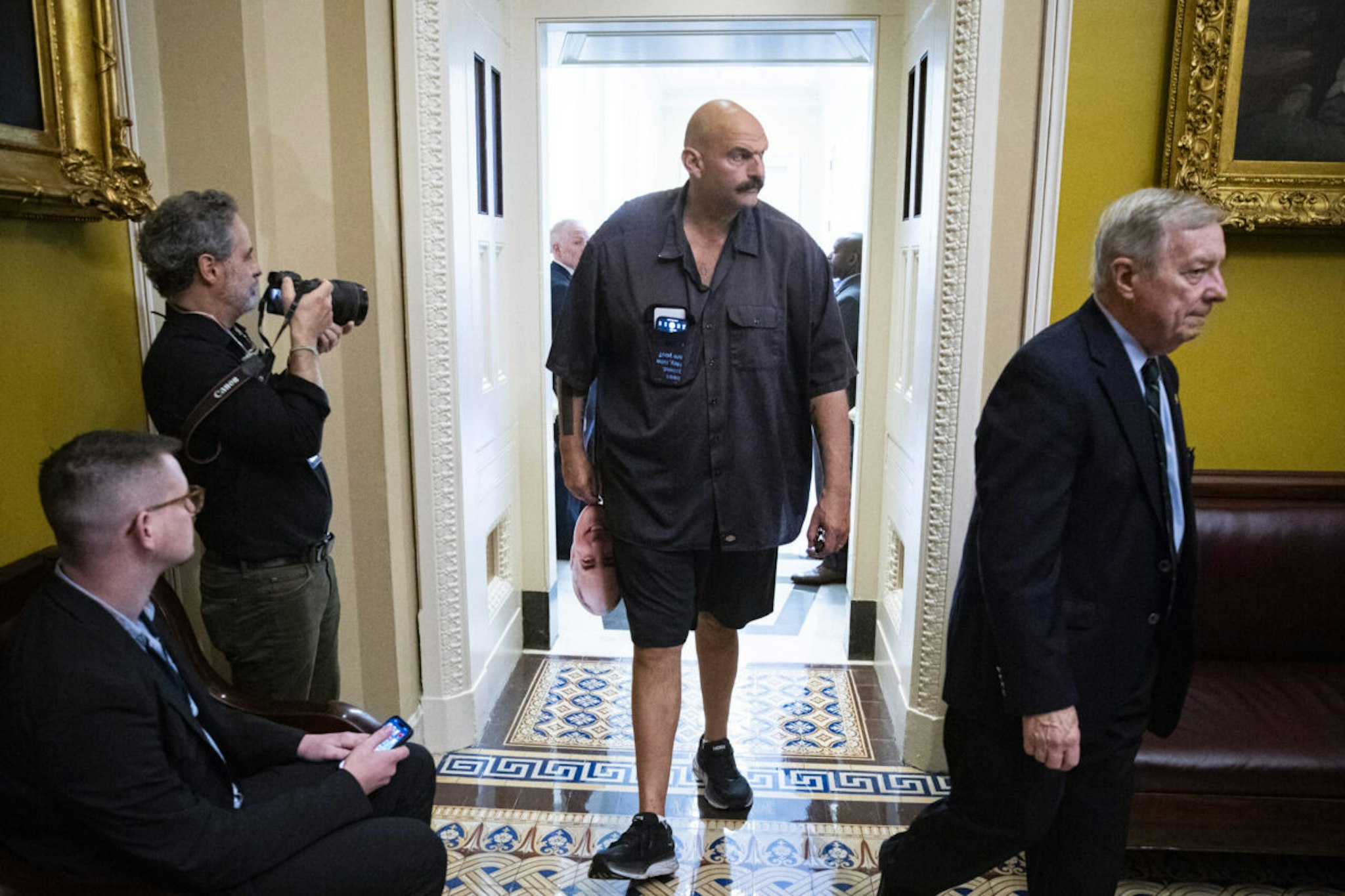 Senator John Fetterman, a Democrat from Pennsylvania, departs following the weekly Democratic caucus luncheon at the US Capitol in Washington, DC, US, on Tuesday, Sept. 19, 2023.