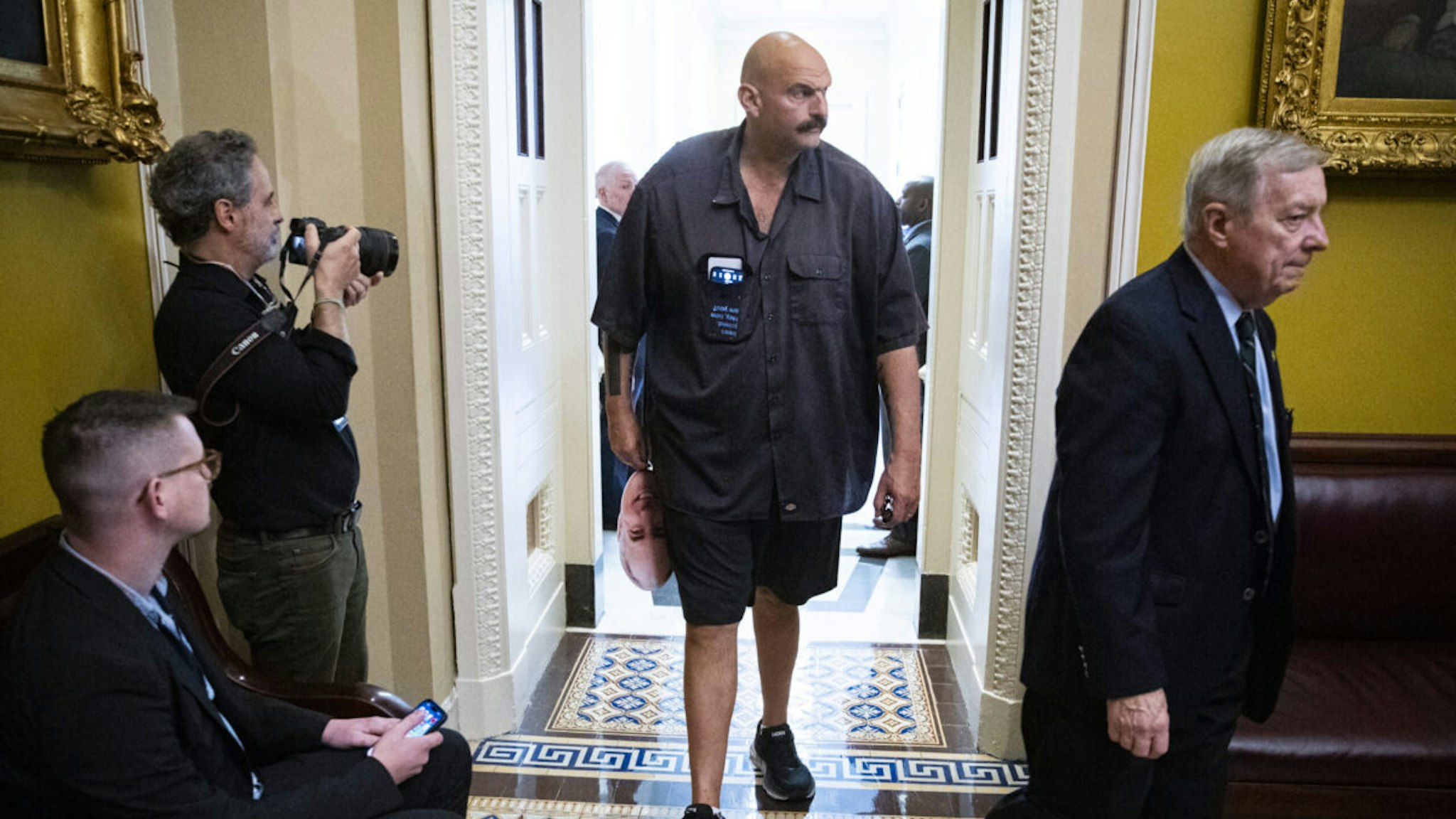 Senator John Fetterman, a Democrat from Pennsylvania, departs following the weekly Democratic caucus luncheon at the US Capitol in Washington, DC, US, on Tuesday, Sept. 19, 2023.