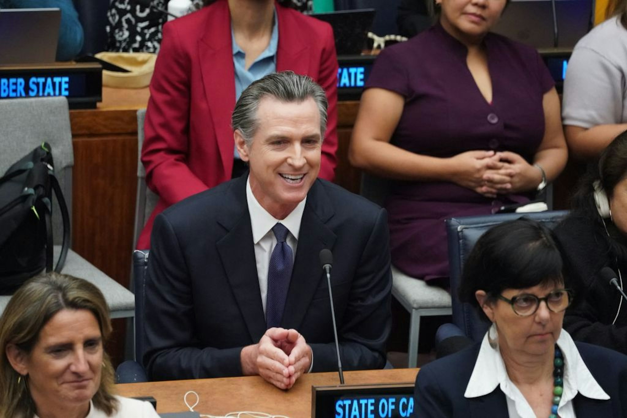 California Governor Gavin Newsom speaks at the UN Climate Ambition Summit on the sidelines of the 78th United Nations General Assembly at UN headquarters in New York City on September 20, 2023. (Photo by Bryan R. Smith / AFP)