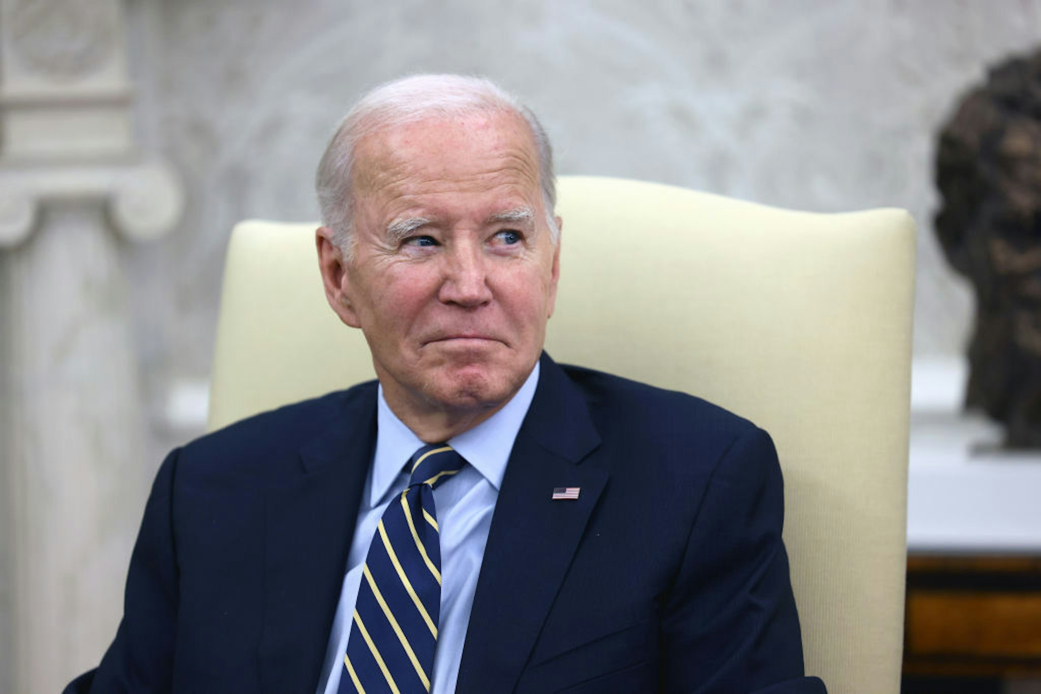 US President Joe Biden during a meeting with Volodymyr Zelenskiy, Ukraine's president, not pictured, in the Oval Office of the White House in Washington, DC, US, on Thursday, Sept. 21, 2023. Zelenskiy pressed US lawmakers privately for sustained support to counter Russia's war machine in a conflict that allies now fear will drag on for years, just as hardline Republicans are threatening to halt additional aid. Photographer: Julia Nikhinson/CNP/Bloomberg via Getty Images