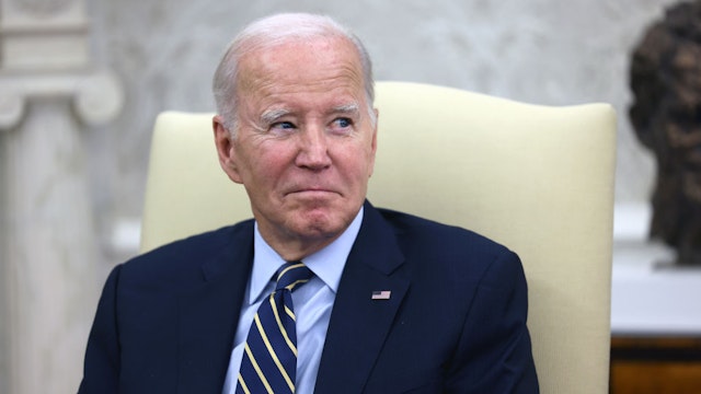 US President Joe Biden during a meeting with Volodymyr Zelenskiy, Ukraine's president, not pictured, in the Oval Office of the White House in Washington, DC, US, on Thursday, Sept. 21, 2023. Zelenskiy pressed US lawmakers privately for sustained support to counter Russia's war machine in a conflict that allies now fear will drag on for years, just as hardline Republicans are threatening to halt additional aid. Photographer: Julia Nikhinson/CNP/Bloomberg via Getty Images