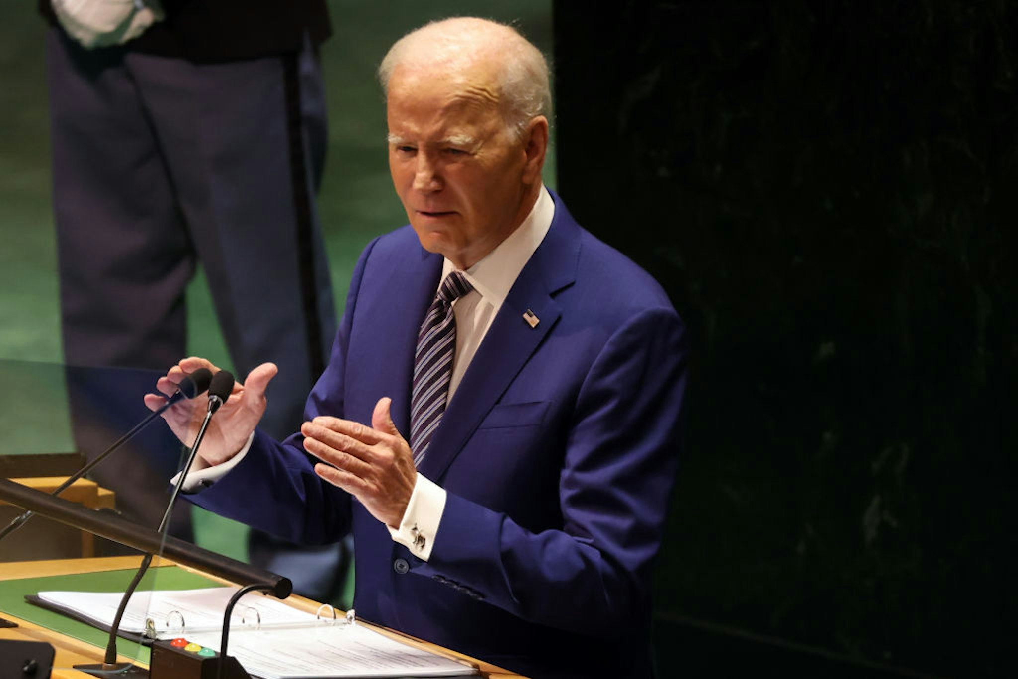 NEW YORK, NEW YORK - SEPTEMBER 19: US President Joe Biden addresses world leaders during the United Nations (UN) General Assembly on September 19, 2023 in New York City. Dignitaries and their delegations from across the globe have descended on New York for the annual event. This year marks the 78th session of the General Debate at the UN Headquarters and will focus on the crisis of global warming. (Photo by Spencer Platt/Getty Images)