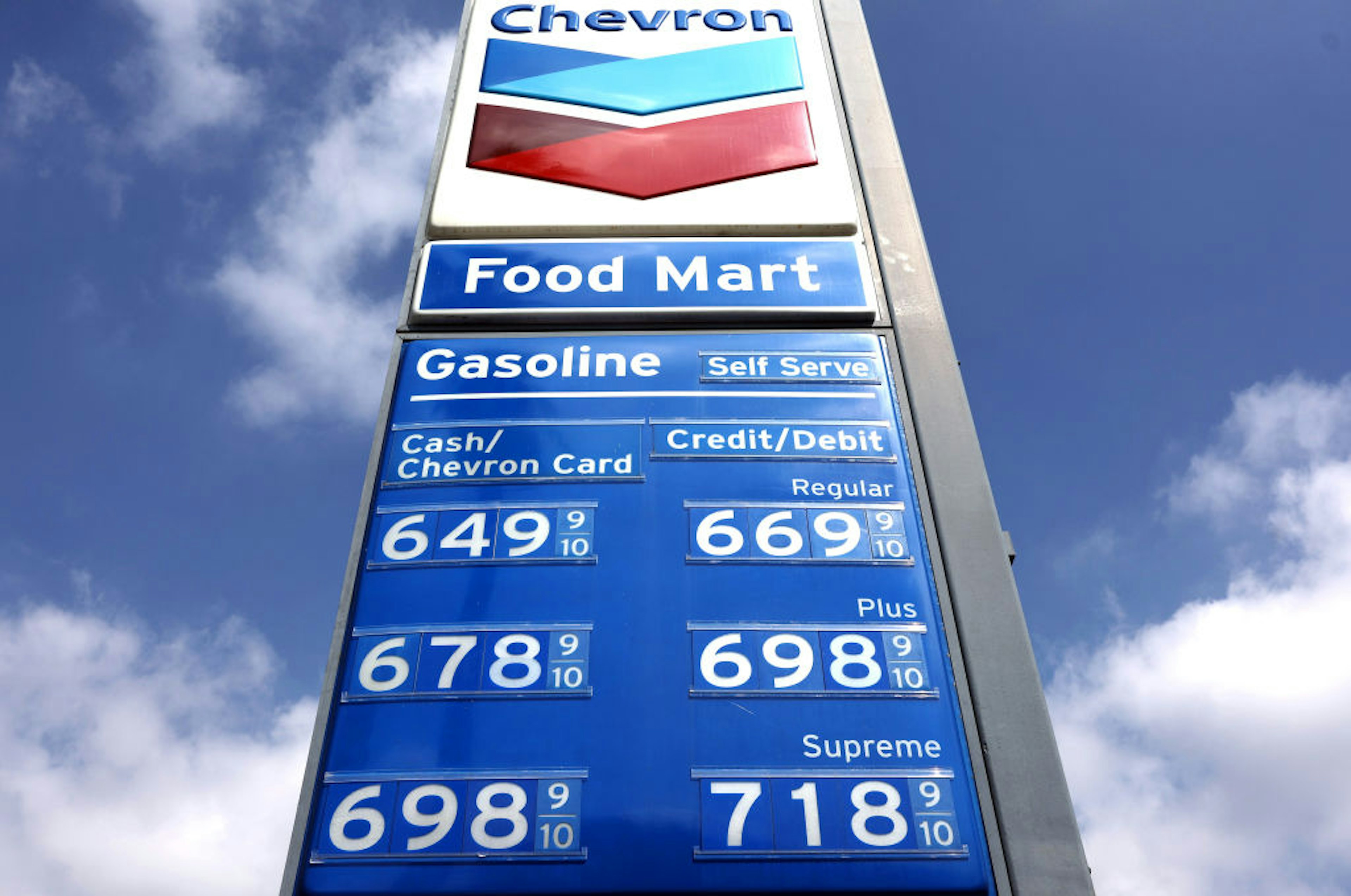 LOS ANGELES, CALIFORNIA - SEPTEMBER 19: Gas prices are displayed at a Chevron station on September 19, 2023 in Los Angeles, California. According to AAA, the average price of one gallon of self-service regular gasoline rose to over $6.00 today in Los Angeles and Orange counties for the first time in nearly a year. (Photo by Mario Tama/Getty Images)