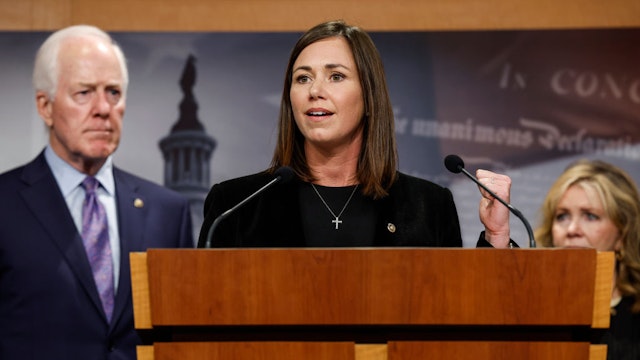 Sen. Katie Britt (R-AL) speaks during a news conference on border security at the U.S. Capitol Building on September 27, 2023 in Washington, DC.