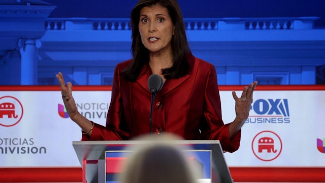 Republican presidential candidate former U.N. Ambassador Nikki Haley delivers remarks during the FOX Business Republican Primary Debate at the Ronald Reagan Presidential Library on September 27, 2023 in Simi Valley, California.