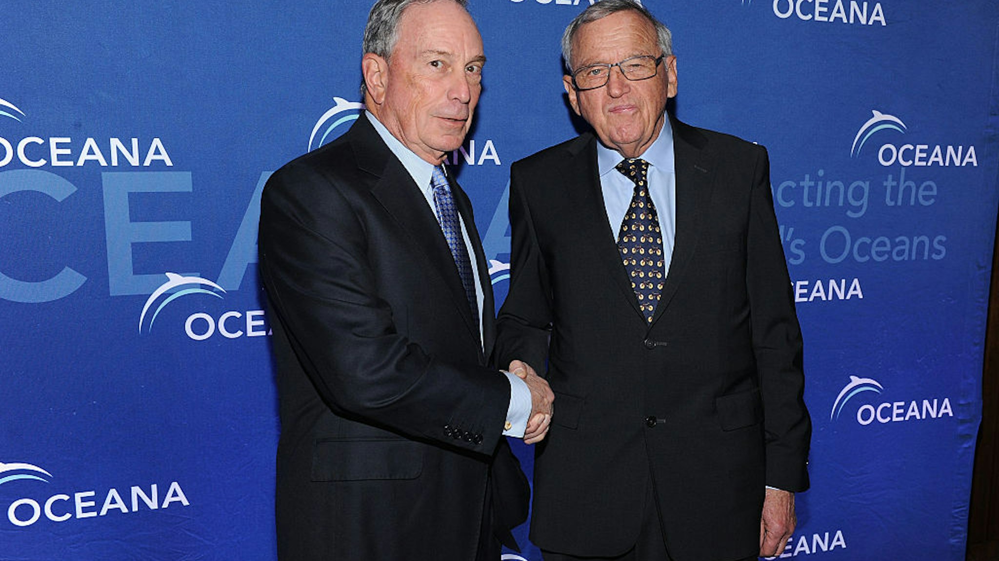NEW YORK, NY - APRIL 01: Former Mayor of New York City Michael Bloomberg (L) and philanthropist Hansjorg Wyss attend Oceana's 2015 New York City benefit at Four Seasons Restaurant on April 1, 2015 in New York City.