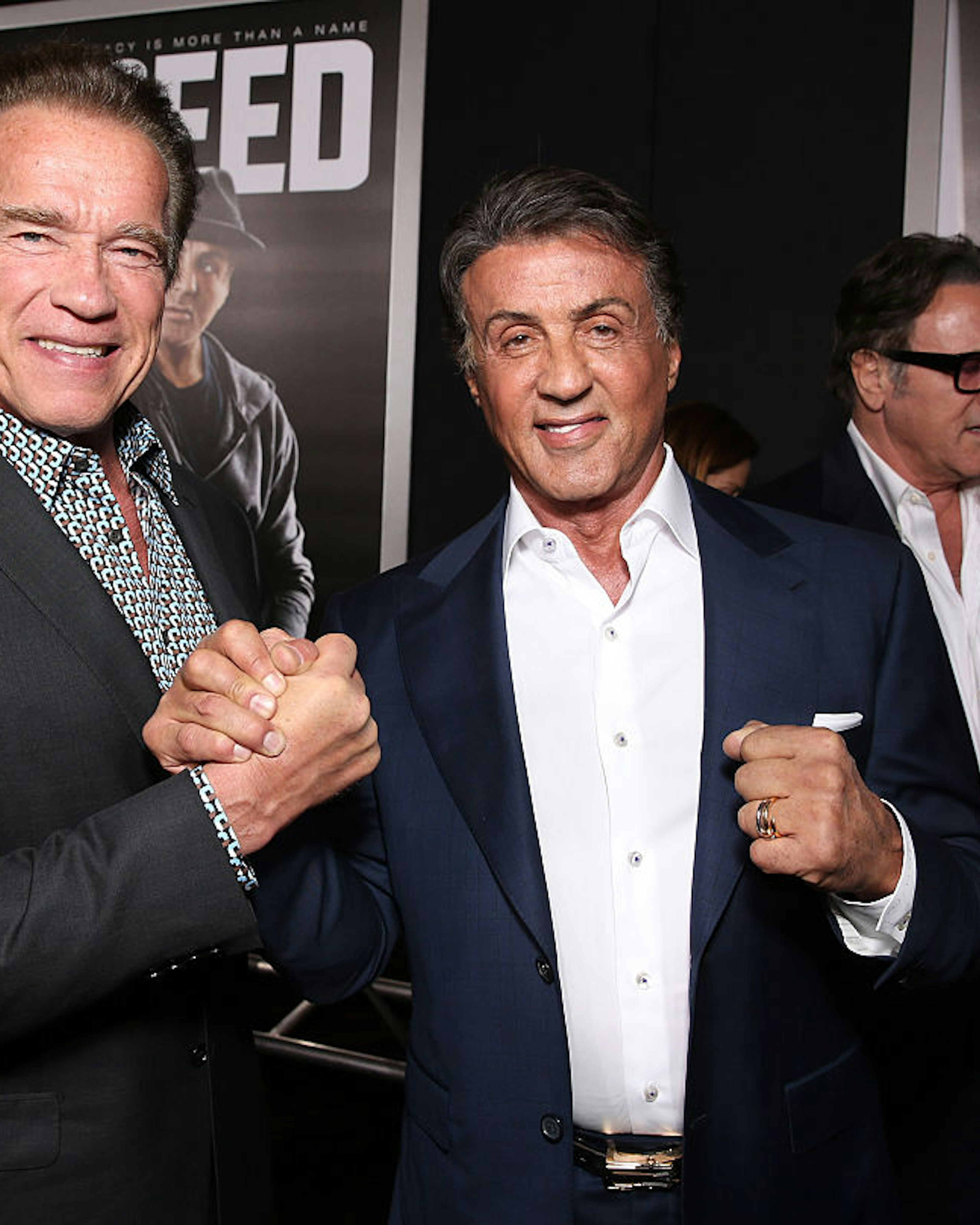 WESTWOOD, CA - NOVEMBER 19: Arnold Schwarzenegger (L) and Producer Sylvester Stallone attend the premiere of Warner Bros. Pictures' "Creed" at Regency Village Theatre on November 19, 2015 in Westwood, California. (Photo by Todd Williamson/Getty Images)