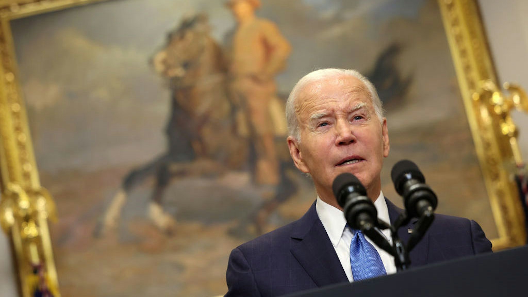 WASHINGTON, DC - SEPTEMBER 15: U.S. President Joe Biden delivers remarks on the contract negotiations between the United Auto Workers and auto companies in the Roosevelt Room at the White House on September 15, 2023 in Washington, DC. The United Auto Workers authorized a strike for the first time since 2019 amid negotiations with Ford, General Motors and Stellantis. (Photo by Kevin Dietsch/Getty Images)