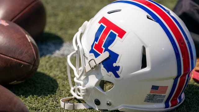 DALLAS, TX - SEPTEMBER 02: Louisiana Tech Bulldogs helmet sits during a college football game between against the Southern Methodist Mustangs and against the Louisiana Tech Bulldogs on Sept 2, 2023, at Gerald Ford Stadium in Dallas, TX.