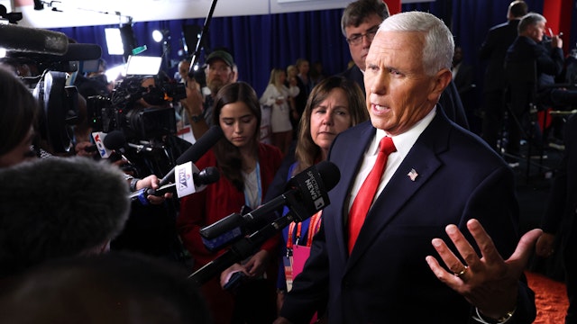 MILWAUKEE, WISCONSIN - AUGUST 23: Republican presidential candidate, former U.S. Vice President Mike Pence talks to members of the media in the spin room following the first debate of the GOP primary season hosted by FOX News at the Fiserv Forum on August 23, 2023 in Milwaukee, Wisconsin. Eight presidential hopefuls squared off in the first Republican debate as former U.S. President Donald Trump, currently facing indictments in four locations, declined to participate in the event.