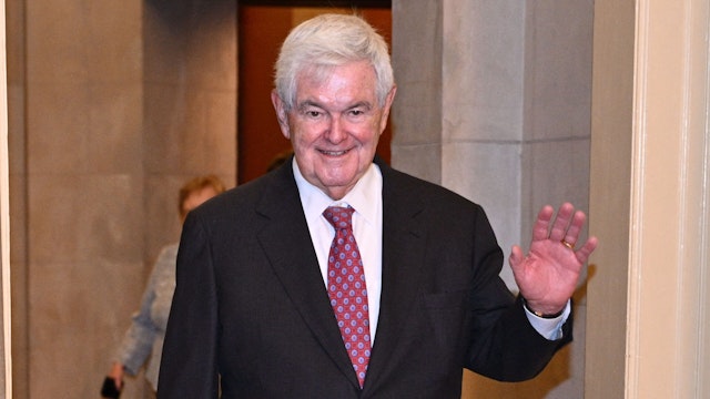 Former US House Speaker Newt Gingrich walks out of the office of US House Speaker Kevin McCarthy (R-CA) prior to a portrait unveiling for former US House Speaker Paul Ryan, at the US Capitol in Washington, DC, on May 17, 2023.