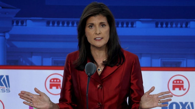 SIMI VALLEY, CALIFORNIA - SEPTEMBER 27: Republican presidential candidate former U.N. Ambassador Nikki Haley delivers remarks during the FOX Business Republican Primary Debate at the Ronald Reagan Presidential Library on September 27, 2023 in Simi Valley, California. Seven presidential hopefuls squared off in the second Republican primary debate as former U.S. President Donald Trump, currently facing indictments in four locations, declined again to participate. (Photo by Justin Sullivan/Getty Images)