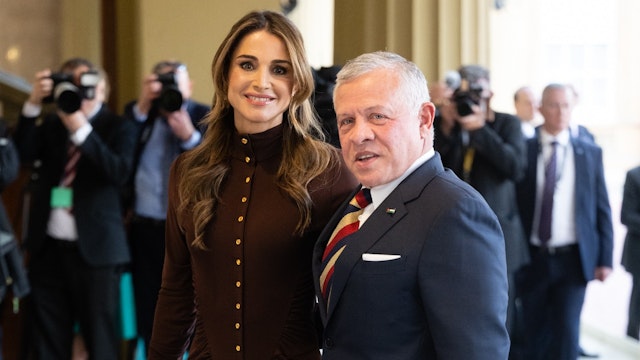 Queen Rania of Jordan and Abdullah II of Jordan attend the Coronation Reception For Overseas Guests at Buckingham Palace on May 05, 2023 in London, England.