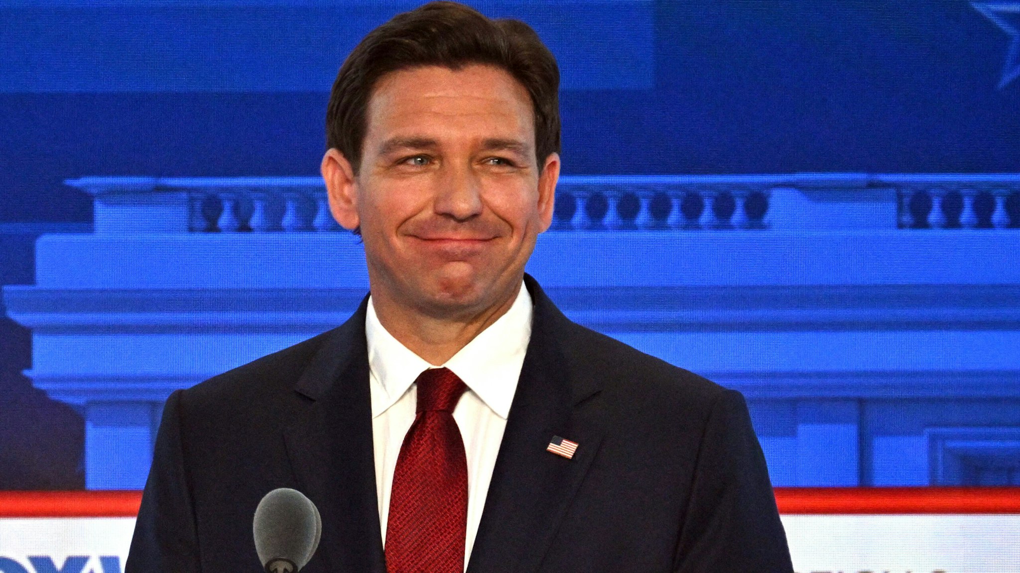 Florida Governor Ron DeSantis looks on during the second Republican presidential primary debate at the Ronald Reagan Presidential Library in Simi Valley, California, on September 27, 2023.
