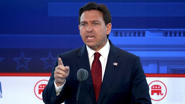 SIMI VALLEY, CALIFORNIA - SEPTEMBER 27: Republican presidential candidate Florida Gov. Ron DeSantis delivers remarks during the FOX Business Republican Primary Debate at the Ronald Reagan Presidential Library on September 27, 2023 in Simi Valley, California. Seven presidential hopefuls squared off in the second Republican primary debate as former U.S. President Donald Trump, currently facing indictments in four locations, declined again to participate.