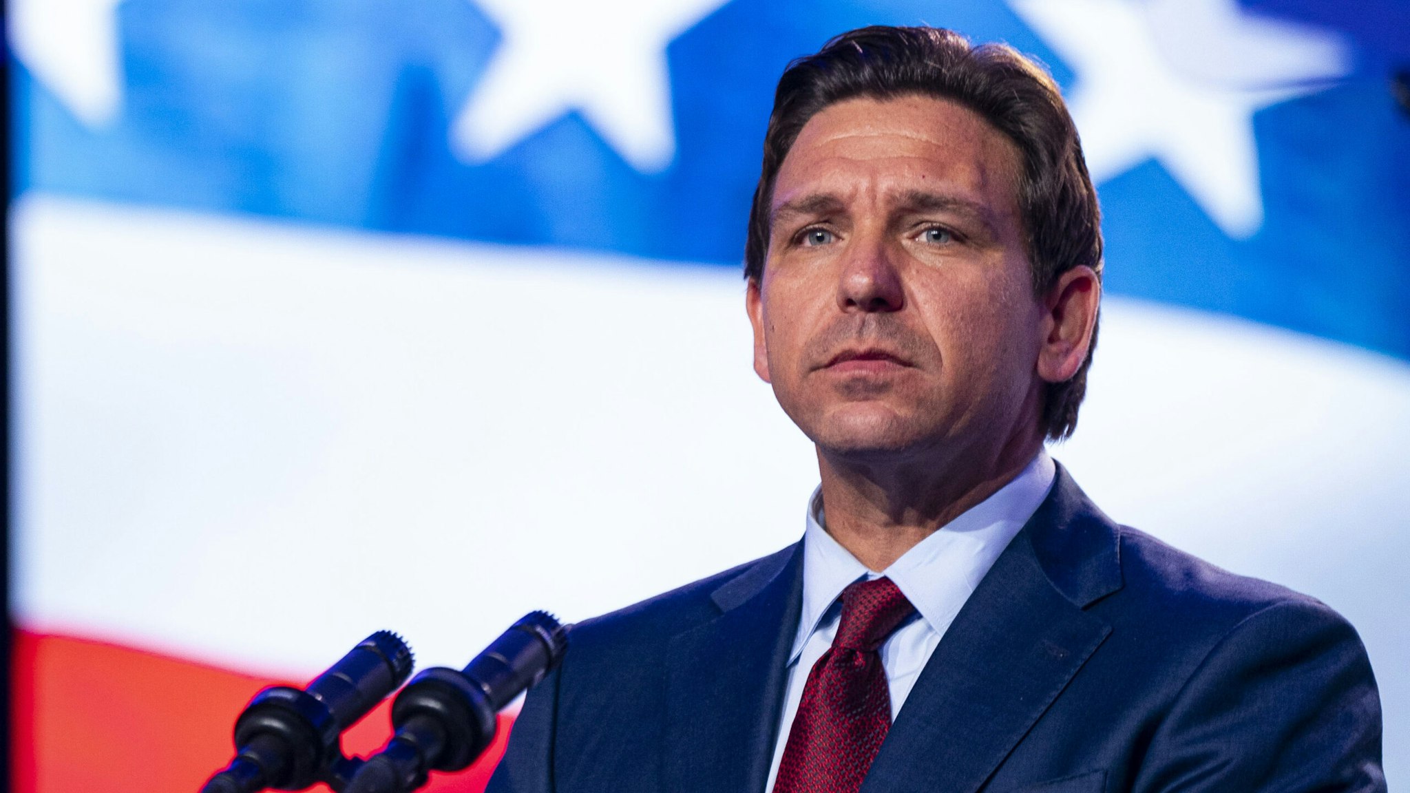 Ron DeSantis, governor of Florida and 2024 Republican presidential candidate, at the Family Research Council and FRC Action annual Pray Vote Stand Summit in Washington, DC, US, on Friday, Sept. 15, 2023. The Family Research Council, an evangelical activist group, recently launched a campaign supporting GOP efforts to add language barring PEPFAR funds for organizations that might offer or support abortion services.