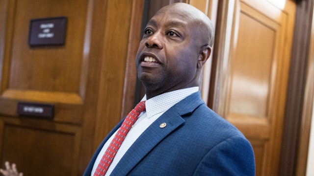 UNITED STATES - SEPTEMBER 7: Ranking member Sen. Tim Scott, R-S.C., arrives for the Senate Banking, Housing and Urban Affairs Committee hearing titled "Perspectives on Challenges in the Property Insurance Market and the Impact on Consumers," in Dirksen Building on Thursday, September 7, 2023.