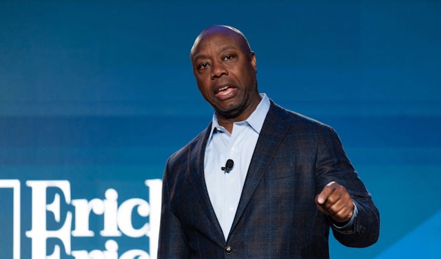 ATLANTA, GEORGIA - AUGUST 18: U.S. Senator from South Carolina Tim Scott speaks at an event hosted by Conservative radio host Erick Erickson on August 18, 2023 in Atlanta, Georgia. The first debate of the Republican Presidential primary is set to take place August 23, 2023. (Photo by Megan Varner/Getty Images)