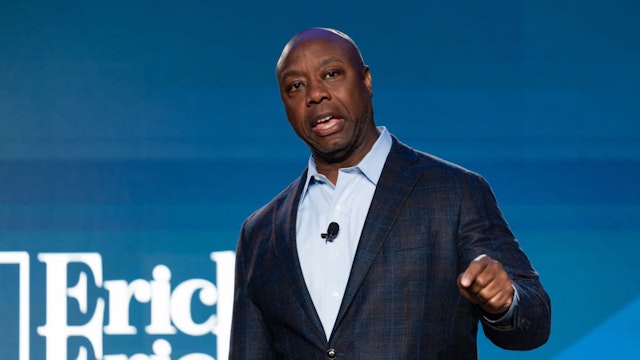 ATLANTA, GEORGIA - AUGUST 18: U.S. Senator from South Carolina Tim Scott speaks at an event hosted by Conservative radio host Erick Erickson on August 18, 2023 in Atlanta, Georgia. The first debate of the Republican Presidential primary is set to take place August 23, 2023. (Photo by Megan Varner/Getty Images)