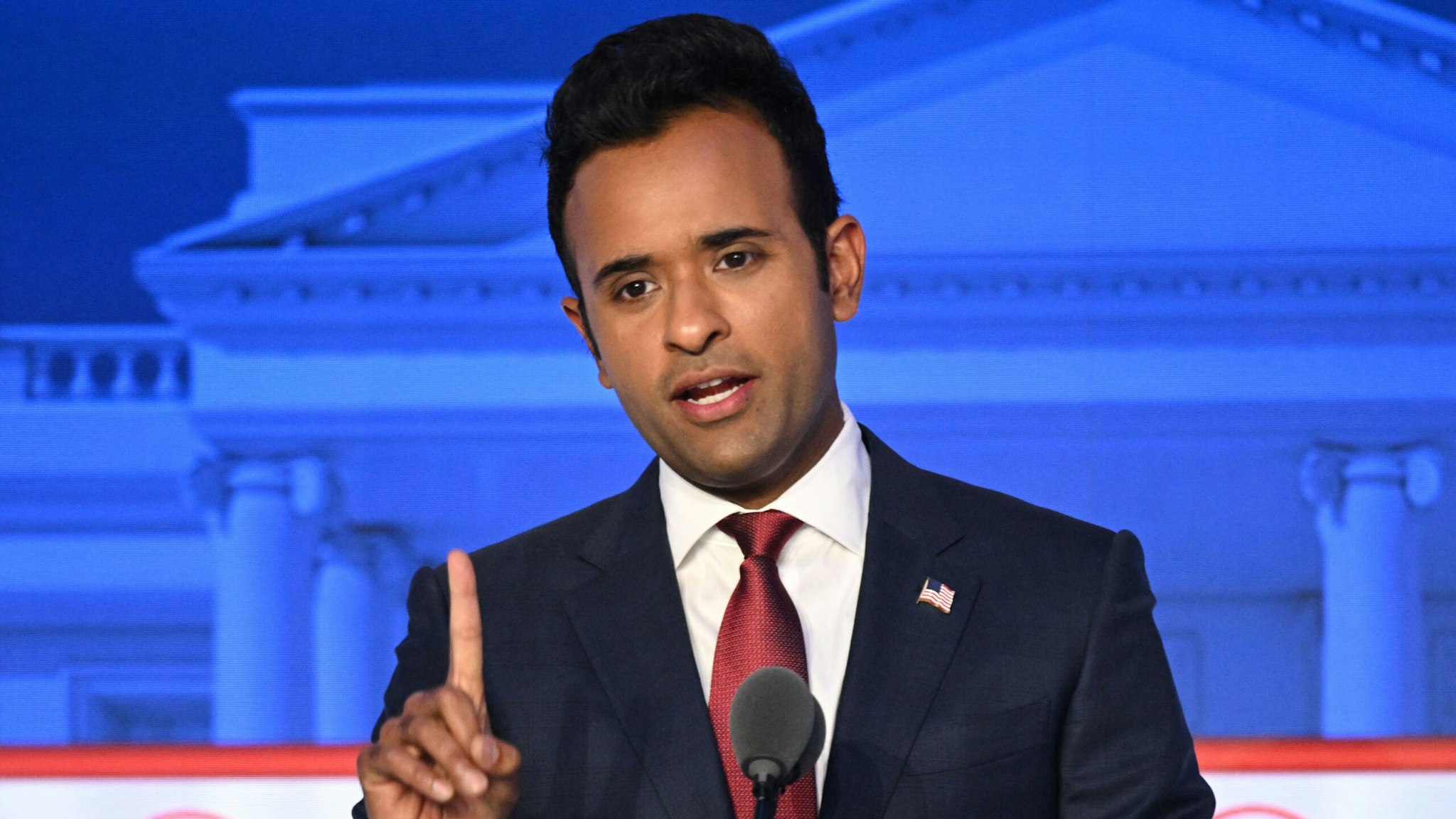 Entrepreneur Vivek Ramaswamy speaks during the second Republican presidential primary debate at the Ronald Reagan Presidential Library in Simi Valley, California, on September 27, 2023.