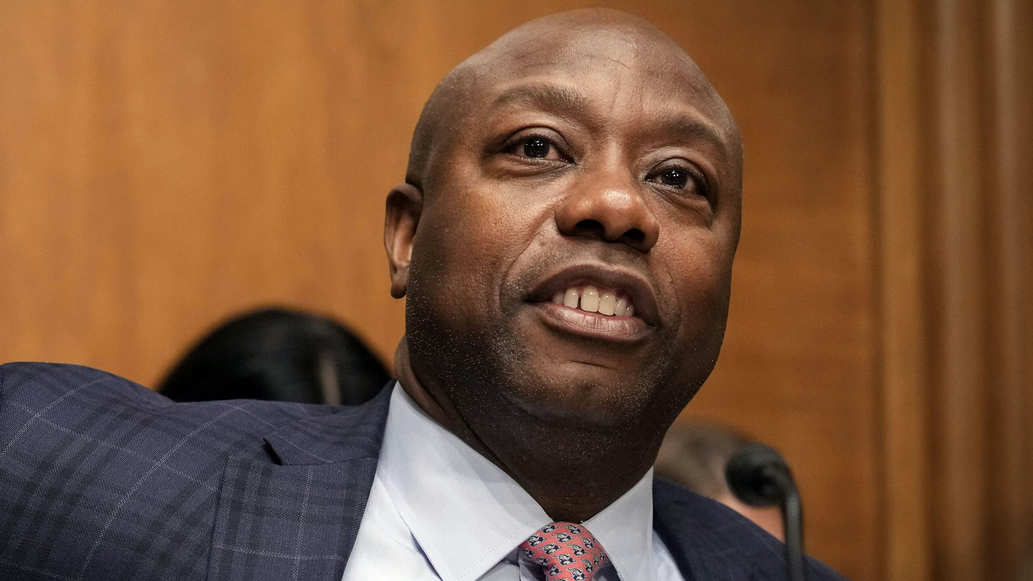 WASHINGTON, DC - SEPTEMBER 12: Committee ranking member Sen. Tim Scott (R-SC) arrives for a Senate Banking Committee hearing on Capitol Hill September 12, 2023 in Washington, DC. The hearing focused on oversight of the U.S. Securities and Exchange Commission.