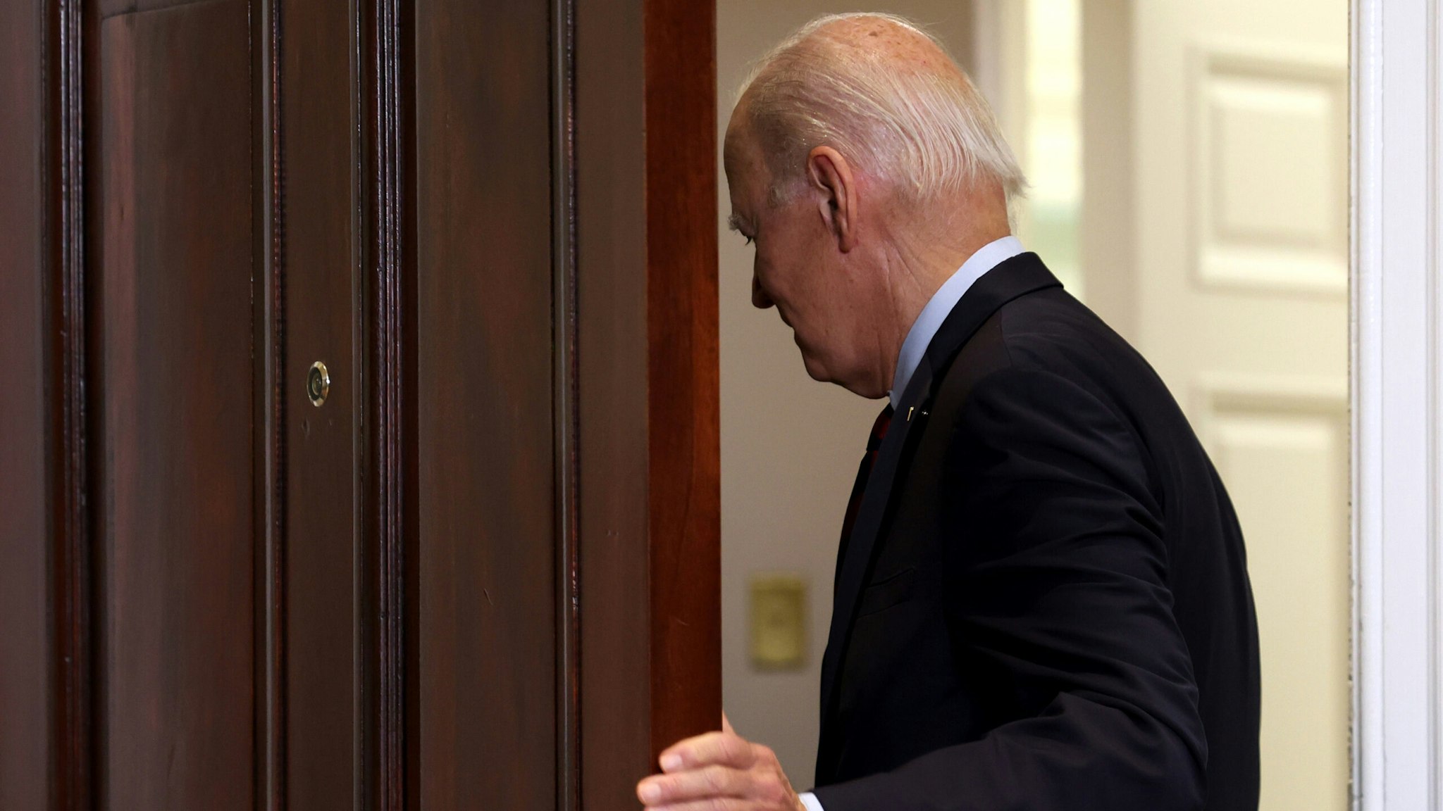 U.S. President Joe Biden leaves after delivering remarks on new Administration efforts to cancel student debt and support borrowers at the White House on October 04, 2023 in Washington, DC.