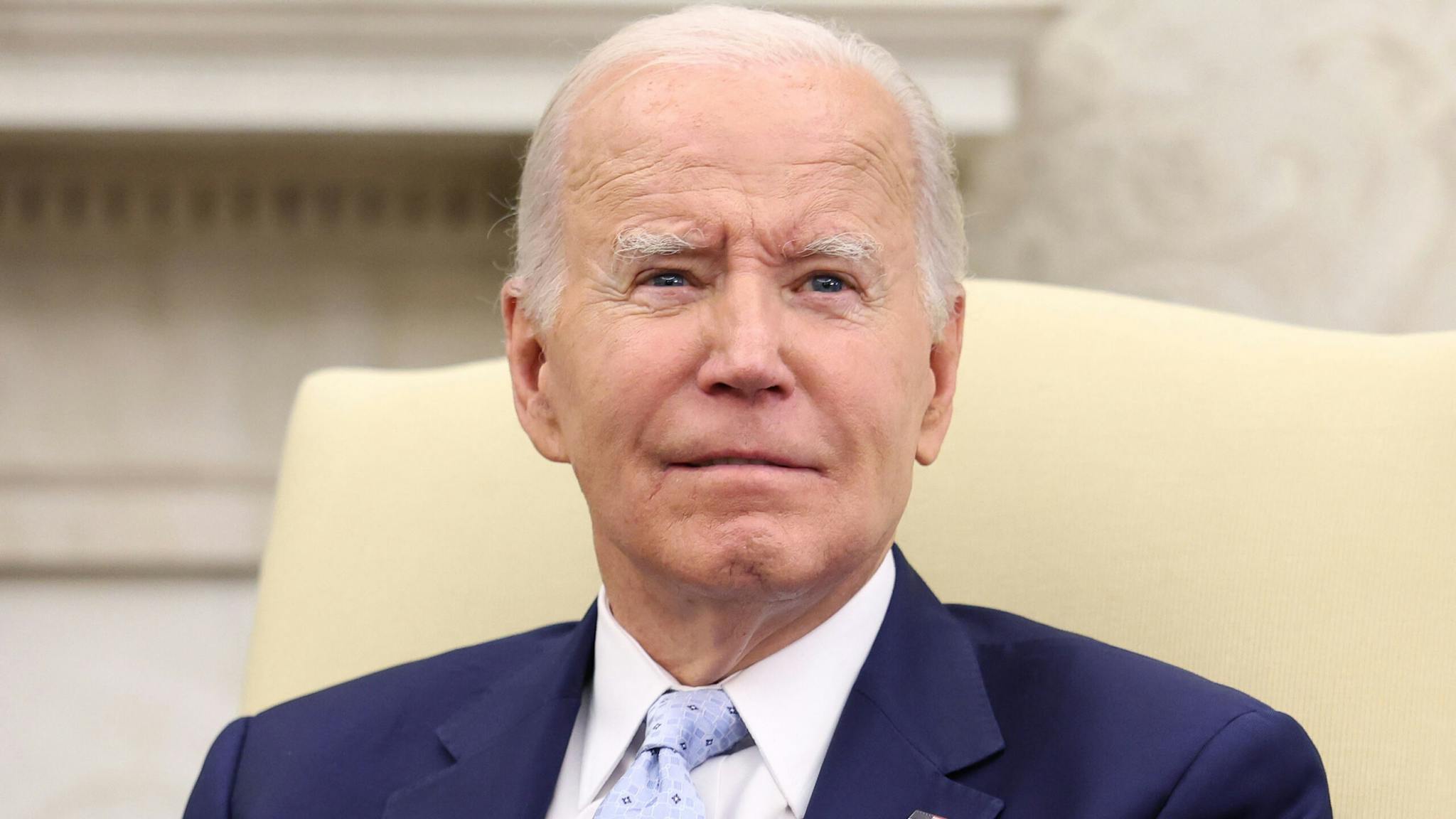 President Biden Receives Briefing On Ukraine From His National Security Team WASHINGTON, DC - OCTOBER 05: U.S. President Joe Biden delivers remarks during a meeting on Ukraine in the Oval Office on October 05, 2023 in Washington, DC. Biden held a meeting with members of his national security team to receive an update on Ukraine's ongoing war with Russia.