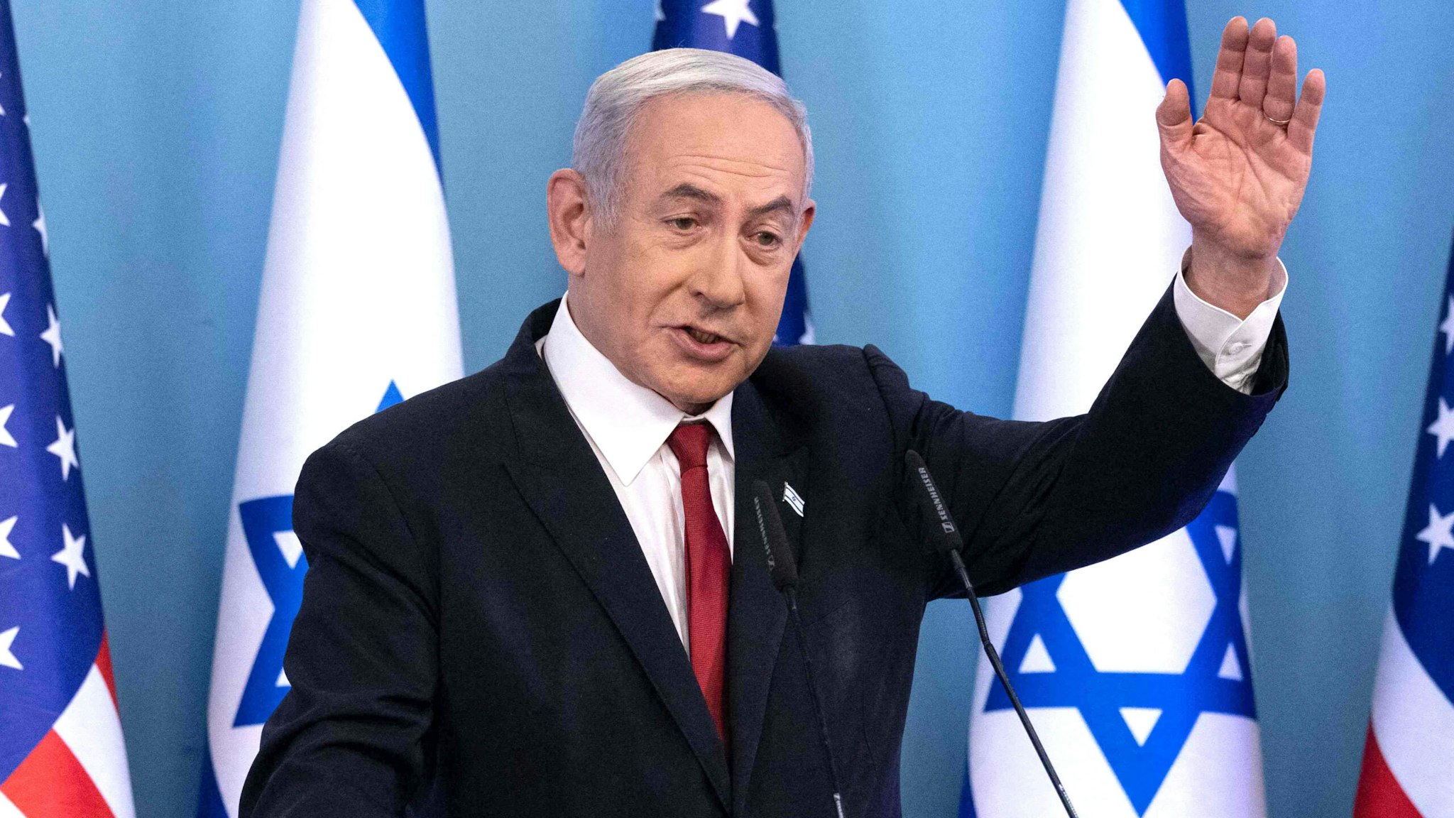 Israeli Prime Minister Benjamin Netanyahu speaks during an event marking the acceptance of Israel into the United States government's visa waiver program, in Jerusalem on September 28, 2023.