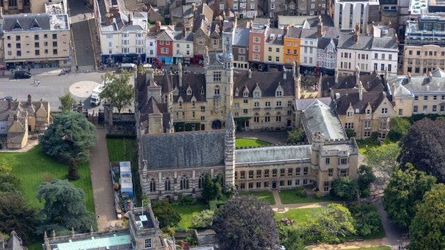 OXFORDSHIRE, UNITED KINGDOM - AUGUST 10, 2023: In an aerial view, Balliol College, this Gothic revival institution is located on the north side of Broad Street in the heart of Oxford, on August 10, 2023, Oxford, United Kingdom. (Aerial Photo by David Goddard/Getty Images)