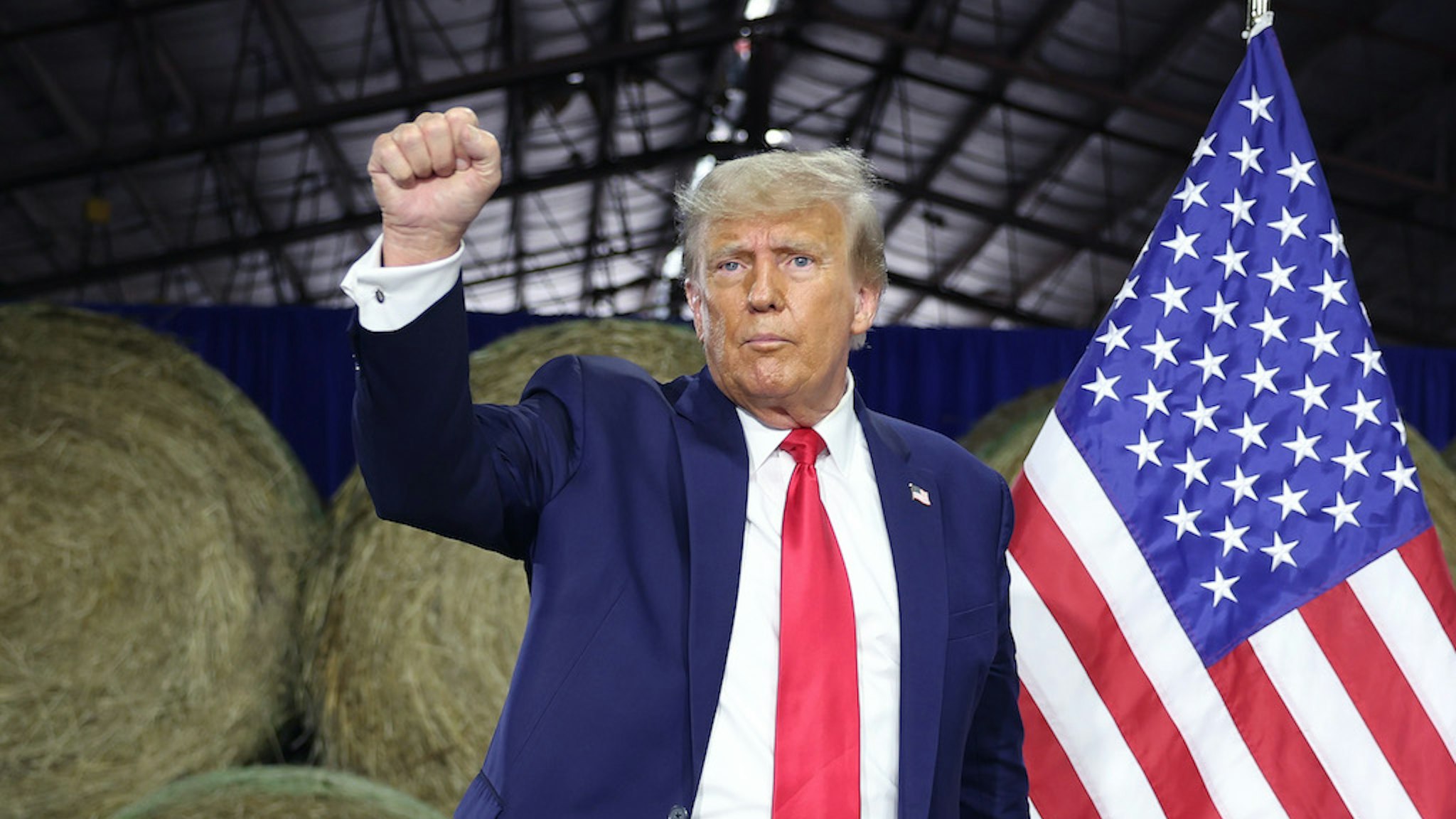 ADEL, IOWA - OCTOBER 16: Republican presidential candidate former President Donald Trump finishes a campaign event at the Dallas County Fairgrounds on October 16, 2023 in Adel, Iowa. Trump is also scheduled to speak at a rally in nearby Clive later in the afternoon. (Photo by Scott Olson/Getty Images)
