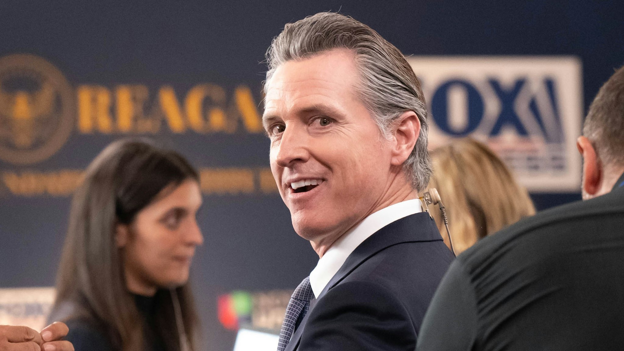 Simi Valley, CA - September 27:Simi Valley, CA - September 27:California Governor Gavin Newsom talks with media in the "Spin Room" before the start of the second GOP debate at the Ronald Reagan Presidential Library in Simi Valley, CA, Wednesday, September 27, 2023.