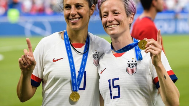 (L-R) Carli Lloyd of USA women, Megan Rapinoe of USA women during the FIFA Women's World Cup France 2019 final match between United States of America and The Netherlands at Stade de Lyon on July 07, 2019 in Lyon, France