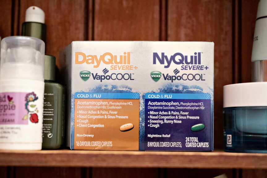 A combination package of Procter & Gamble Co. DayQuil Severe and NyQuil Severe brand cold and flu medicine is arranged for a photograph in Tiskilwa, Illinois, U.S., on Tuesday, July 30, 2019. Procter & Gamble reported its best quarter of organic sales in more than a decade, with shoppers snapping up its beauty and health-care products in particular, even as its shaving segment took a hit in some regions, including an $8 billion charge. Photographer: Daniel Acker/Bloomberg via Getty Images