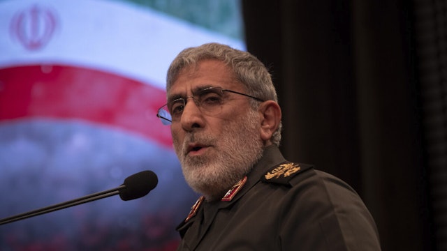 Commander of Iran's Islamic Revolutionary Guard Corps' (IRGC) Quds Force, Esmail Qaani speaks in a ceremony for commemorating death anniversary of an IRGC's Quds force commander in Tehran, December 20, 2022.