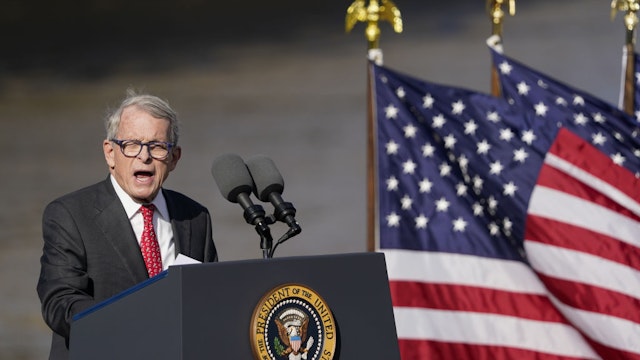 Mike DeWine, governor of Ohio, speaks during an event in Covington, Kentucky, US, on Wednesday, Jan. 4, 2023. President Biden spoke about the 2021 Bipartisan Infrastructure Law and the bills $1.6 billion used for repairs to the 60-year-old Brent Spence Bridge, which connects a span of Interstate 75 over the Ohio River into Cincinnati.