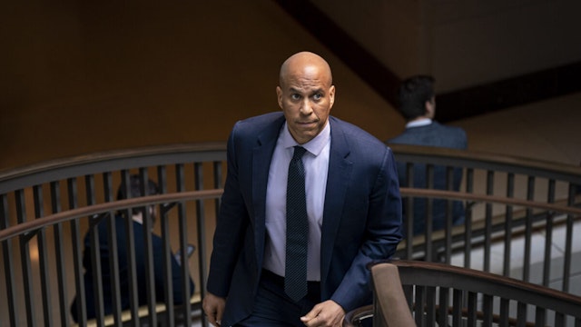 Senator Cory Booker, a Democrat from New Jersey, departs a closed-door intelligence briefing on the alleged Chinese spy balloon on Capitol Hill in Washington, DC, US, on Thursday, Feb. 9, 2023.