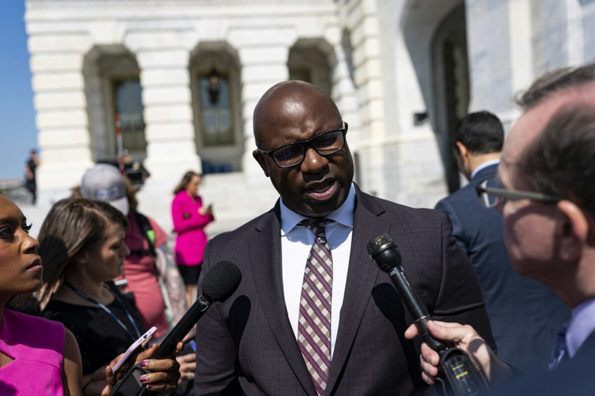 Representative Jamaal Bowman, a Democrat from New York, speaks to members of the media following a vote at the US Capitol in Washington, DC, US, on Thursday, May 25, 2023.