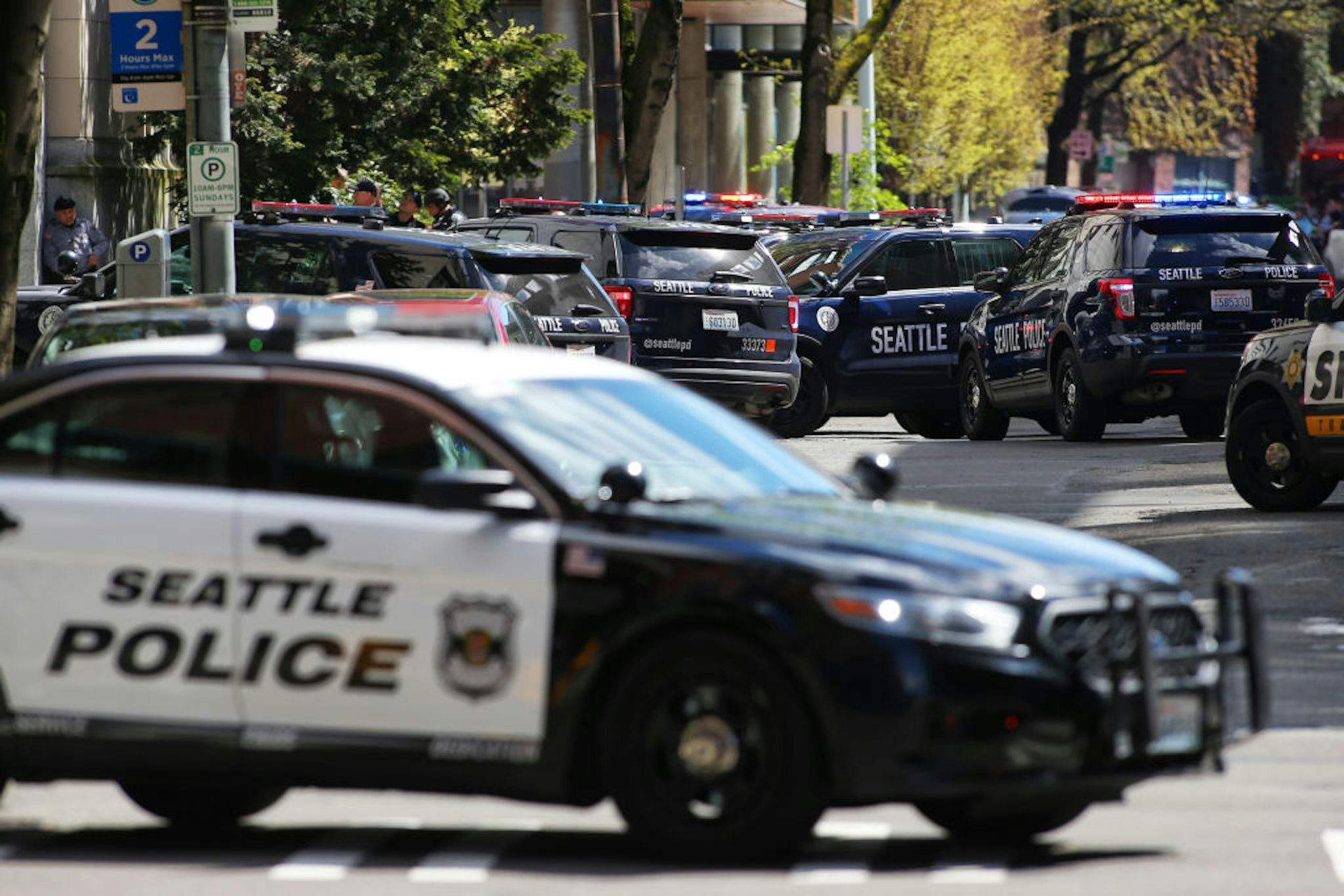 Officers respond after two Seattle Police Department officers were shot while responding to a robbery in downtown Seattle on Thursday, April 20, 2017. (Genna Martin, seattlepi.com) (Photo by GENNA MARTIN/San Francisco Chronicle via Getty Images)