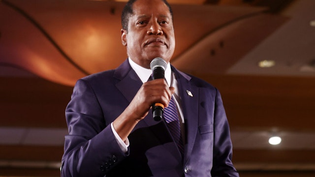 COSTA MESA, CALIFORNIA - SEPTEMBER 14: Gubernatorial recall candidate Larry Elder speaks to supporters at an election night event on September 14, 2021 in Costa Mesa, California. Californians headed to the polls today to cast their ballots in the California recall election of Gov. Gavin Newsom.