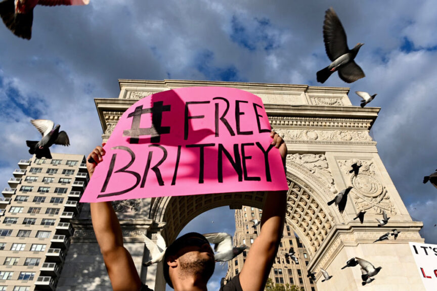 NEW YORK, NEW YORK - SEPTEMBER 29: Britney Spears supporters gather to protest at the #FreeBritney Rally in Washington Square Park on September 29, 2021 in New York City. The Free Britney Rally coincided with Spears’ conservatorship hearing which was held in Los Angeles at the same time. (Photo by Alexi Rosenfeld/Getty Images)