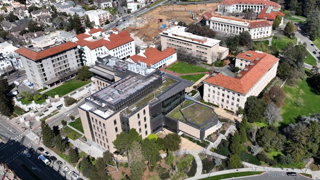 A portion of the UC Berkeley campus near Oxford Street is seen from this drone view in Berkeley, Calif, on Thursday, March 16, 2023.
