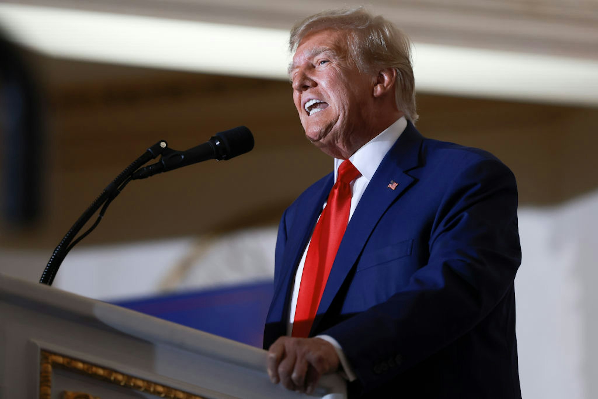 WEST PALM BEACH, FLORIDA - APRIL 04: Former U.S. President Donald Trump speaks during an event at the Mar-a-Lago Club April 4, 2023 in West Palm Beach, Florida. Trump pleaded not guilty in a Manhattan courtroom today to 34 counts related to money paid to adult film star Stormy Daniels in 2016, the first criminal charges for any former U.S. president. (Photo by Joe Raedle/Getty Images)