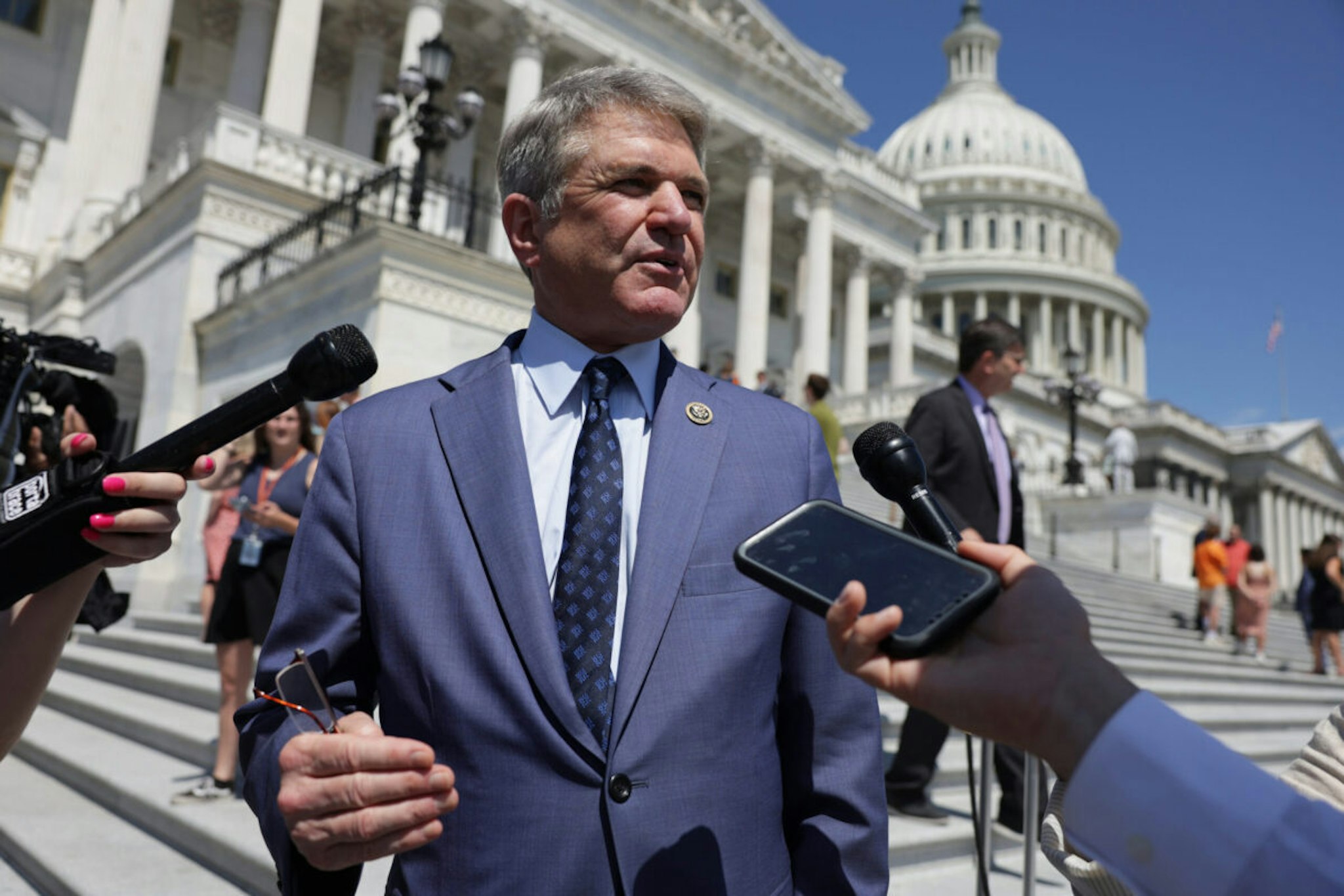 U.S. Rep. Michael McCaul (R-TX) speaks to reporters after the passage of the National Defense Authorization Act (NDAA) at the U.S. Capitol on July 14, 2023 in Washington, DC.
