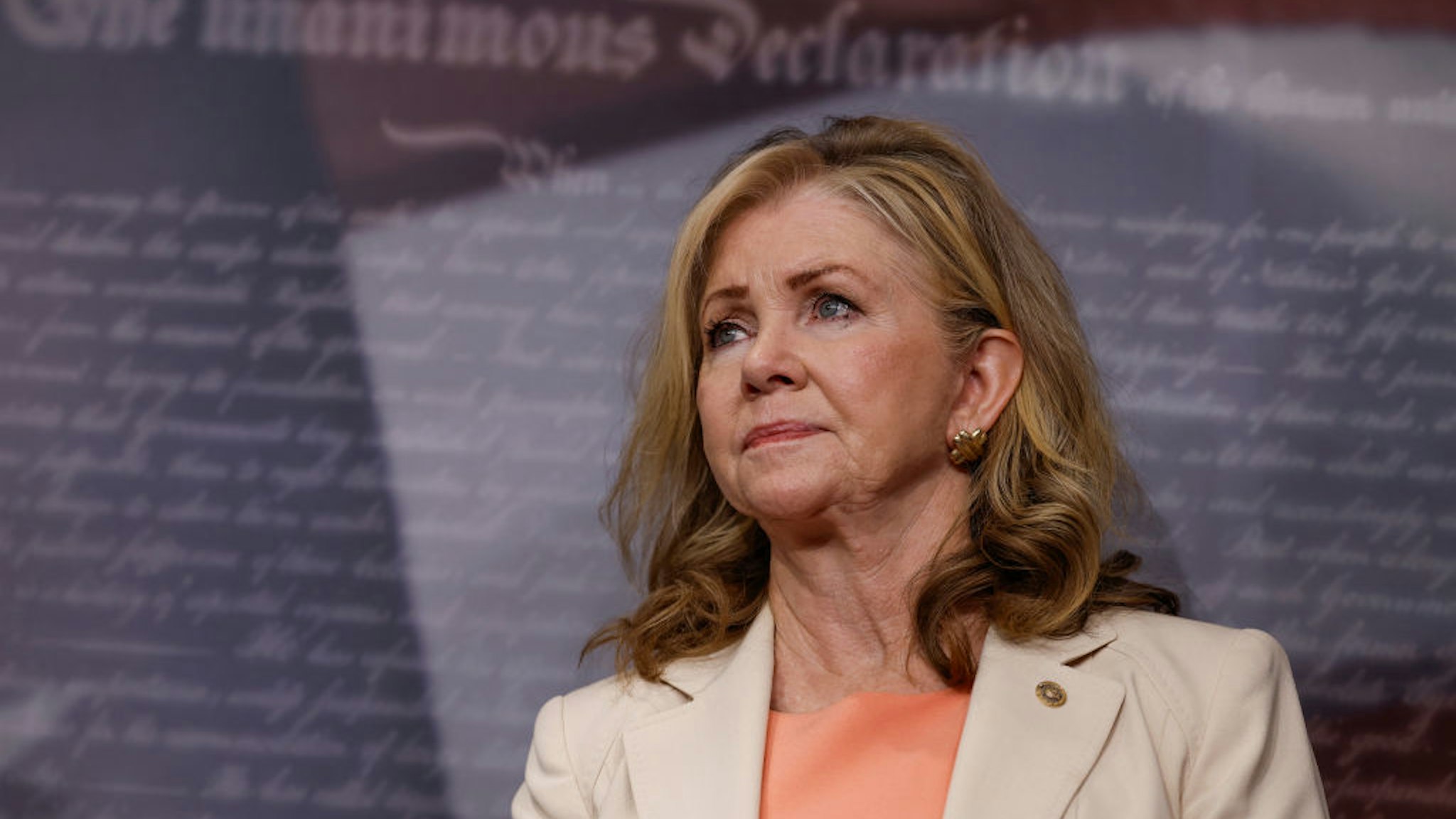 WASHINGTON, DC - JULY 19: Sen. Marsha Blackburn (R-TN) listens at a news conference on the Supreme Court at the U.S. Capitol Building on July 19, 2023 in Washington, DC. Senators with the Senate Judiciary Committee held the press conference to discuss Senate Judiciary Chairman Richard Durbin's (D-IL) upcoming ethics bill for U.S. Supreme Court justices.