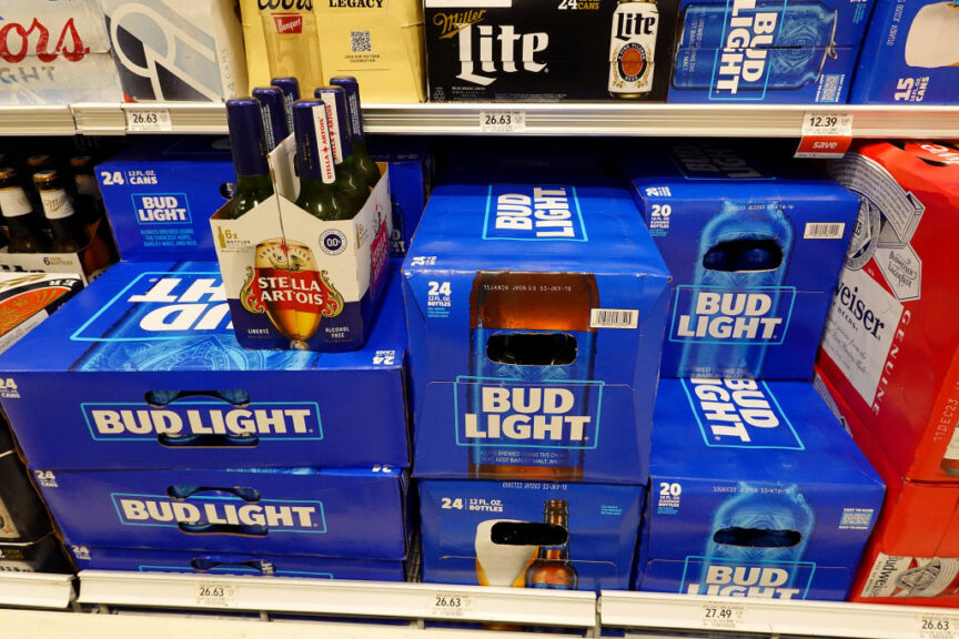 MIAMI, FLORIDA - JULY 27: Bud Light, made by Anheuser-Busch, sits on a store shelf on July 27, 2023 in Miami, Florida. Anheuser-Busch InBev announced it will lay off hundreds of corporate employees as its Bud Light beer sales continue to struggle. (Photo by Joe Raedle/Getty Images)
